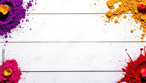 Colorful powdered pigments in vibrant hues on white wooden surface  