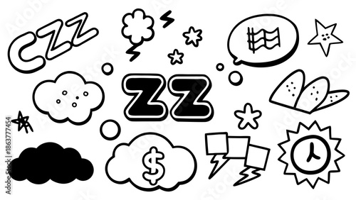 Dreamy comic illustrations of sleepy thoughts and symbols