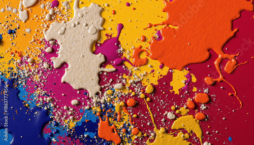 Colorful paint splashes on textured canvas representing Holi  