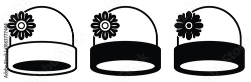 Three black and white hats with flowers on the side,Women's beach hat with flower linear icon. Thin line illustration. Contour symbol. Vector isolated outline drawing
