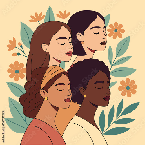 Diverse women faces in profile surrounded by flowers