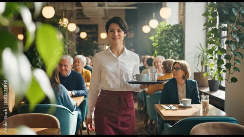 Beautiful young waitress walking with a tray of coffee and water in a busy modern cafe, smiling at the camera while serving customers in a restaurant.