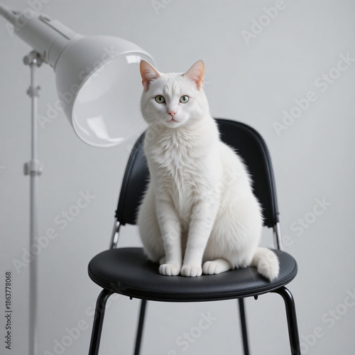 White cat sitting on black chair next to lamp minimal portrait studio