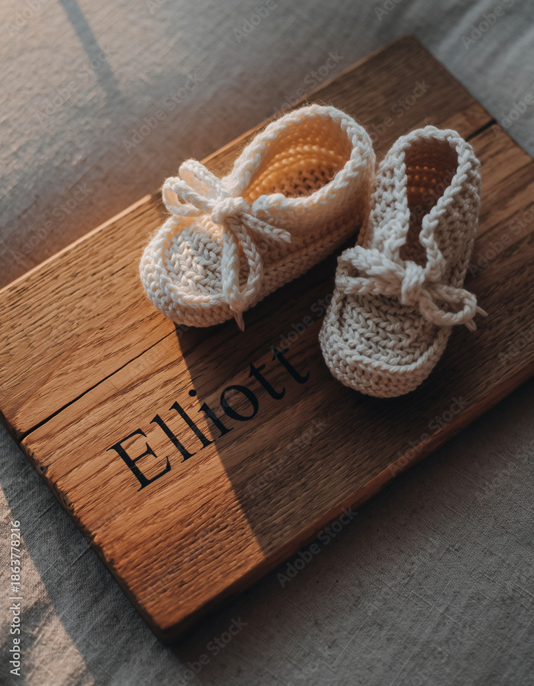 Fototapeta premium Baby name Elliott engraved on a wooden plaque with knitted baby shoes. Image for baby name reveal