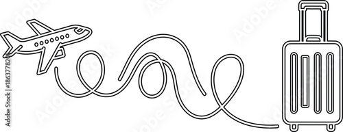 Minimalist black line art showing a plane's journey with a looping trajectory ending at a wheeled suitcase, representing travel and adventure
