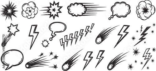 Hand-drawn dynamic comic elements vector pack lightning bolts, impact bursts, speed lines, and speech bubbles for energetic designs