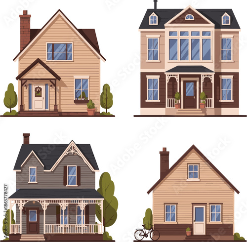Set of Traditional Suburban Residential Houses and Family Homes Vector Illustration