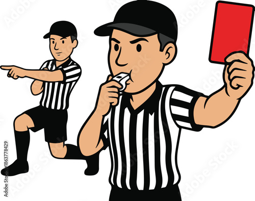 Vector illustration of sports referees wearing striped uniforms and caps; one is blowing a whistle and holding up a red card, while the background figure signals by pointing.