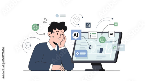 AI-generated conceptual illustration of anxious office worker interacting with artificial intelligence software dashboard, workplace stress, data analytics, and modern business technology concept