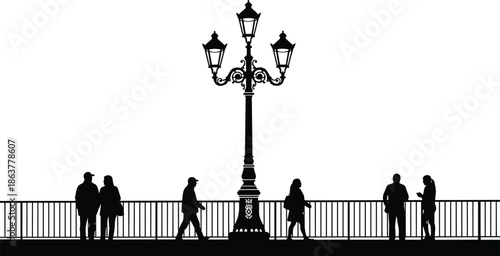 People silhouettes walking and standing near vintage street lamp on bridge, urban city life scene isolated on white background showing social interaction and lifestyle