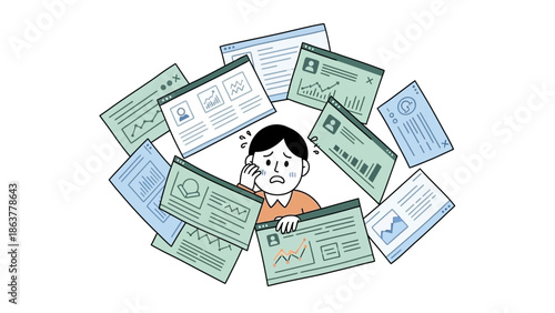 AI-generated conceptual illustration of small business owner overwhelmed by multiple artificial intelligence tool interfaces, technology overload and decision fatigue in modern digital workplace