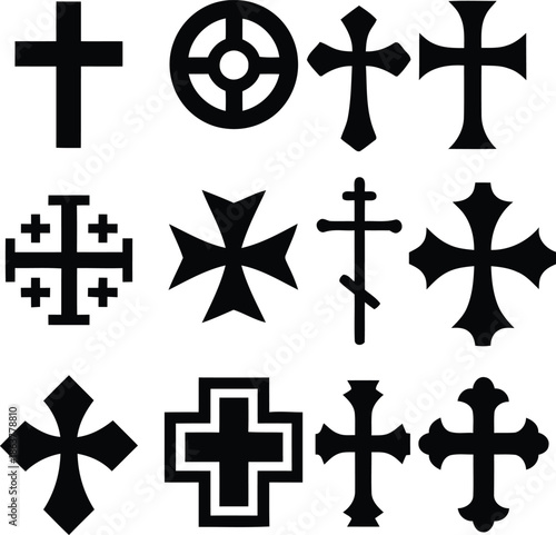 Christian cross icons set featuring various religious symbolic styles