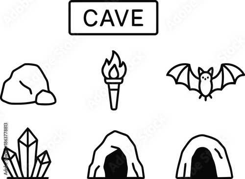 Cave exploration and underground elements outline icons set