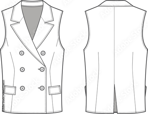 Women, sleeveless, double, breasted, blazer, vest, fashion, technical, flat, design, front, back, view, apparel, garment, illustration, cad, drawing, vector, template