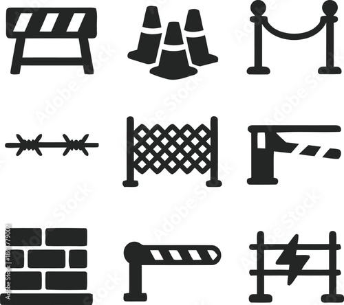 Construction and security barrier icons set including cones and fences