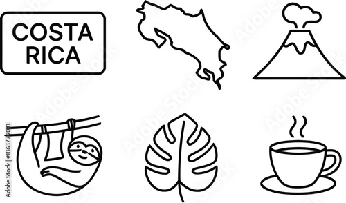 Costa rica country map and nature tourism outline icons set