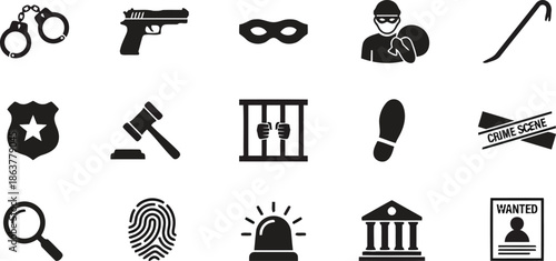 Crime and justice icons set on checkered background