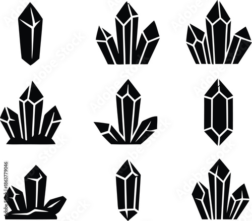 Crystal and mineral stone icons set with geometric rock clusters