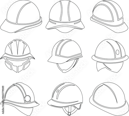 construction helmet line art set silhouette art and illustration