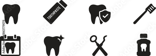 Dentistry icons set collection with teeth oral care tools and hygiene products flat style vector illustration