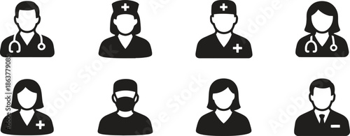 Diverse medical professionals icons set features doctors and nurses in various roles