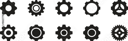 Gears or cogs flat icons set isolated on transparent background, vector engineering and mechanism symbols collection