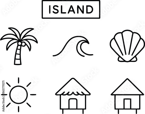 Island tropical beach and vacation travel outline icons set