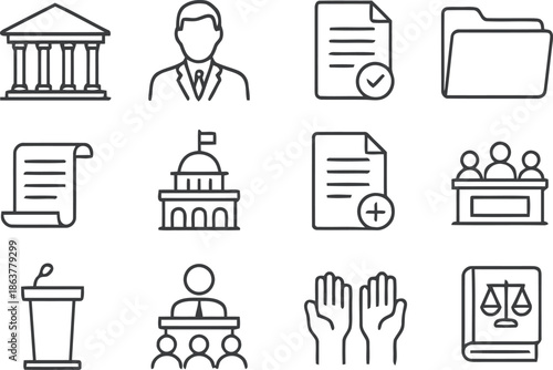 Law and justice line icons set isolated on transparent background, outline court and legal symbols collection