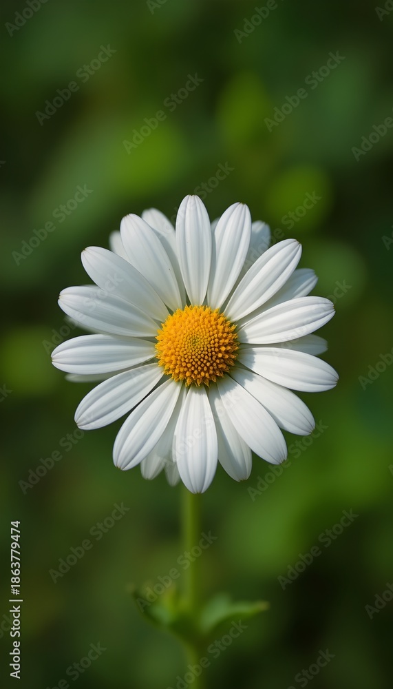 Fototapeta premium “Beautiful White Daisy Flower with Yellow Center in Full Bloom, Macro Close-Up of Fresh Chamomile or Daisy Blossom Isolated Against Soft Green Blurred Background, Spring Nature and Floral Beauty Conce