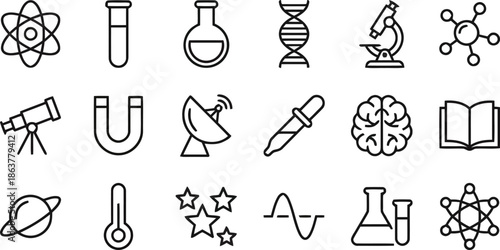 Science and laboratory research line icons for education and physics