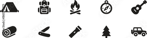 Set of camping and hiking icons depicting essential outdoor equipment and nature elements for adventure vacation