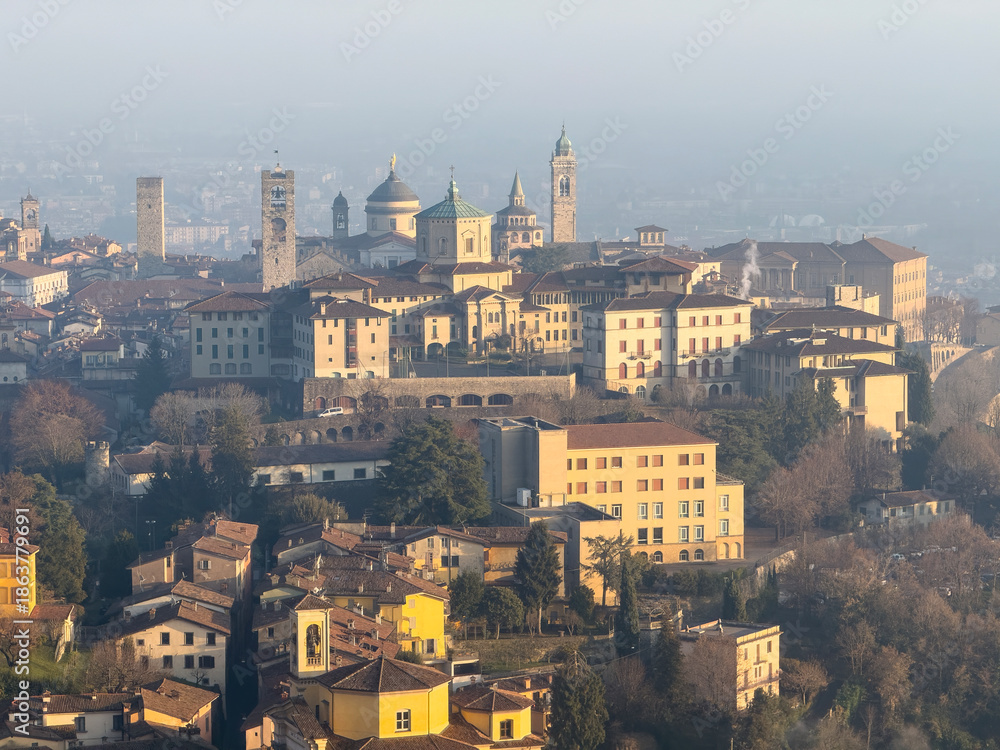 Obraz premium Bergamo, Italy. Amazing landscape at the old town and the ancient walls from the hills. Touristic destination. Bergamo one of the beautiful city in Italy