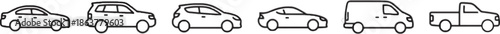 Set of various car outlines including sedan suv hatchback coupe van and pickup truck designs