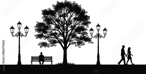 Urban park silhouettes with tree, bench, street lamps and walking couple, peaceful city landscape scene isolated on white background showing lifestyle and nature harmony
