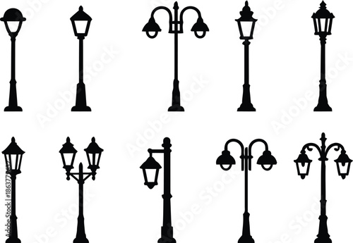 Street lamp icon set with vintage and modern outdoor lighting styles
