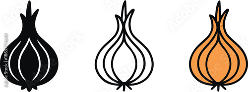 Three different styles of onion icon set filled outline and colored versions