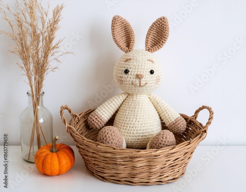 A crocheted stuffed animal sitting in a wicker basket next to a small orange pumpkin