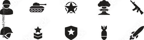 Various military and army equipment icons like soldier tank star and explosion
