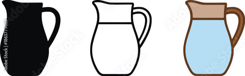 Water pitcher or jug icons in solid outline and filled designs