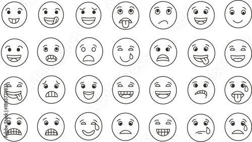 A Collection of Diverse Emoticon Faces Expressing Various Emotions and Moods