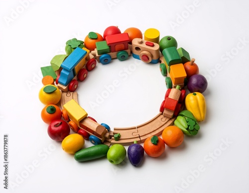A colorful wooden toy train surrounded by fruits and vegetables on a white surface