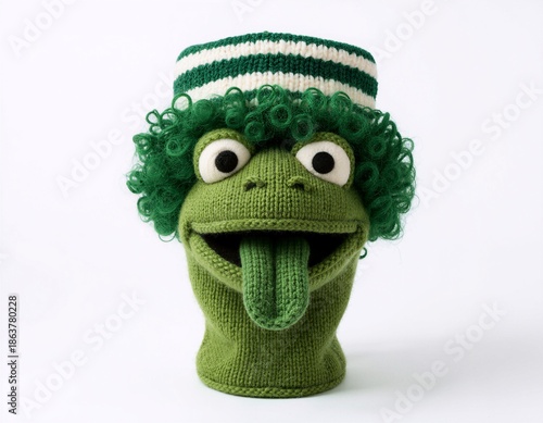 A knitted frog headcover with curly green hair and a striped hat, sticking its tongue out