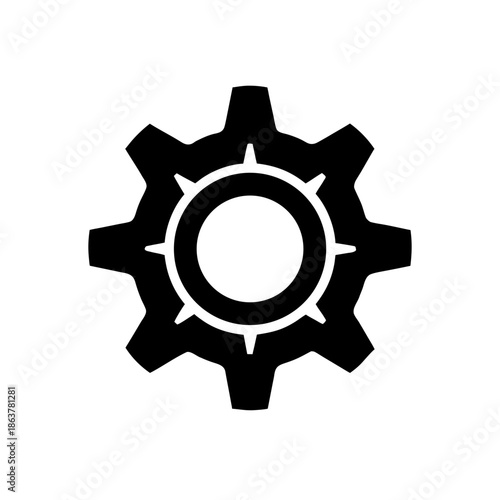 Black silhouette of a single gear wheel icon representing settings, configuration, and technology