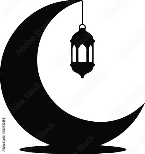 Silhouette Islamic crescent moon with hanging lantern religious holiday symbol Vector Illustration