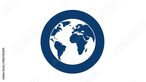Blue Circle Icon with Globe Map, Global Communication and Network Symbol, isolated white background.