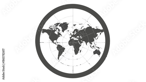 Flat World Map with Grid Lines in Circular Projection, Global Geography Concept, isolated white background.
