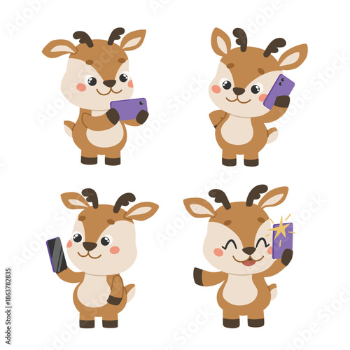 A cute deer with a phone. The character uses the device for communication. The deer chats, talks, scrolls, takes pictures, and watches videos.