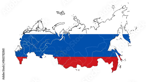 A 3d vector illustration of the Russian Federation map and national flag showing the geography of the country across Europe and Asia as a world travel symbol