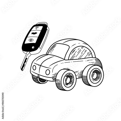 car and key set line art handdrawn vintage vector illustration