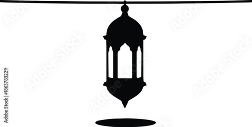 Silhouette Traditional Arabic Lantern Hanging with Shadow Simple Flat Design Vector Illustration